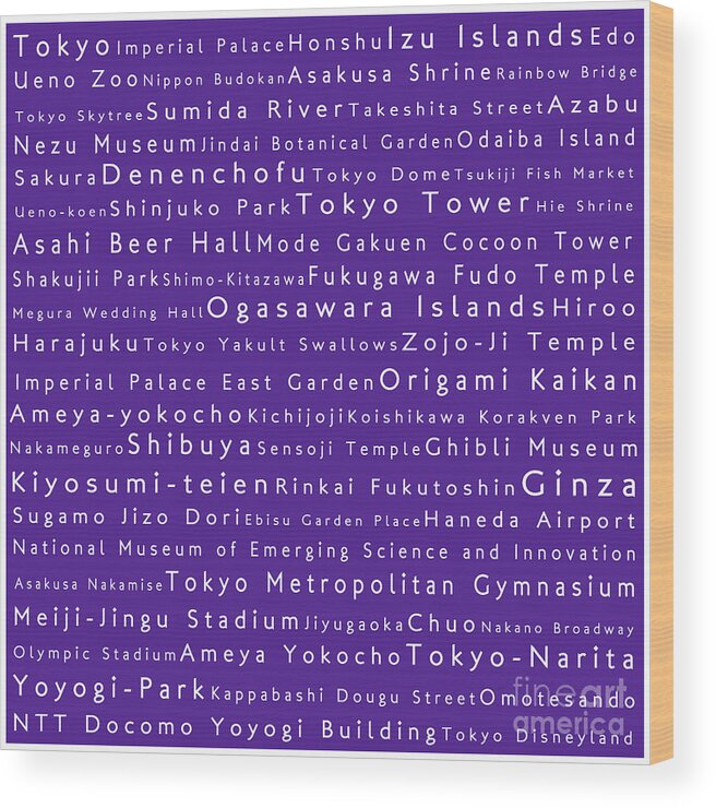 City Wood Print featuring the digital art Tokyo in Words Purple by Sabine Jacobs