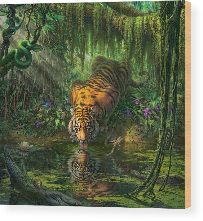 Bambootiger Dragonfly Butterfly Bengal Tiger India Rainforest Junglefredrickson Snail Water Lily Orchid Flowers Vines Snake Viper Pit Viper Frog Toad Palms Pond River Moss Tiger Paintings Jungle Tigers Tiger Art Wood Print featuring the digital art Aurora's Garden by Mark Fredrickson