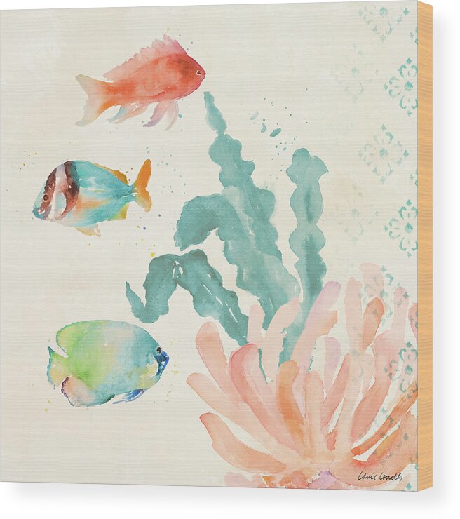Tropical Wood Print featuring the painting Tropical Teal Coral Medley I by Lanie Loreth