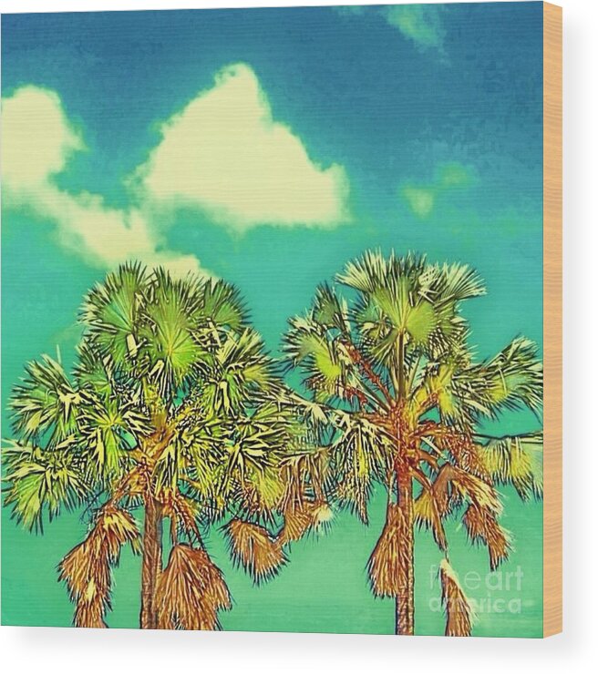 Sharkcrossing Wood Print featuring the painting S Twin Palms with Aqua Sky - Square by Lyn Voytershark