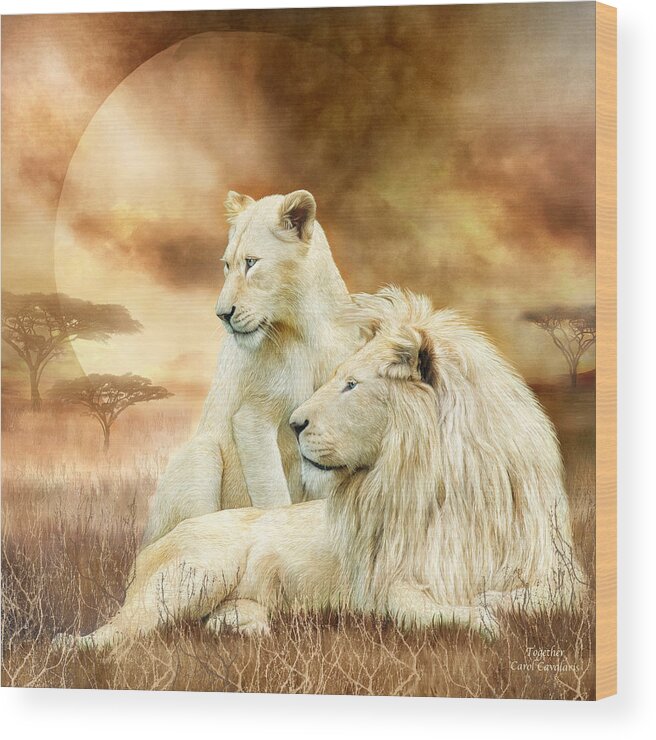 Lion Wood Print featuring the mixed media Two White Lions - Together by Carol Cavalaris