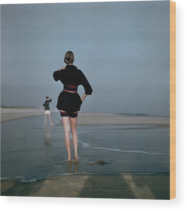 Fashion Wood Print featuring the photograph Two Women At A Beach by Serge Balkin