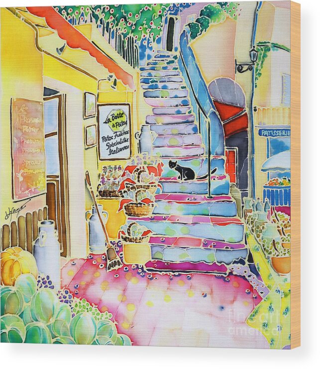 Cat Wood Print featuring the painting Un coin de St-Tropez by Hisayo OHTA