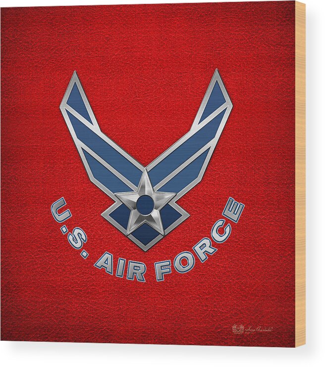 'military Insignia & Heraldry 3d' Collection By Serge Averbukh Wood Print featuring the digital art U. S. Air Force - U S A F Logo on Red Leather by Serge Averbukh