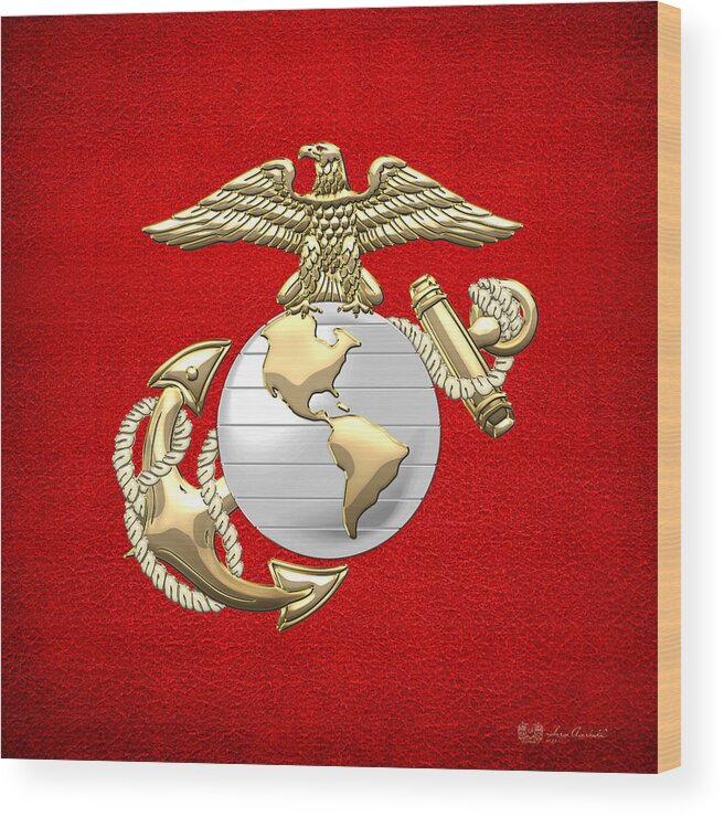 'military Insignia & Heraldry 3d' Collection By Serge Averbukh Wood Print featuring the digital art U. S. Marine Corps Eagle Globe and Anchor - E G A on Red Leather by Serge Averbukh