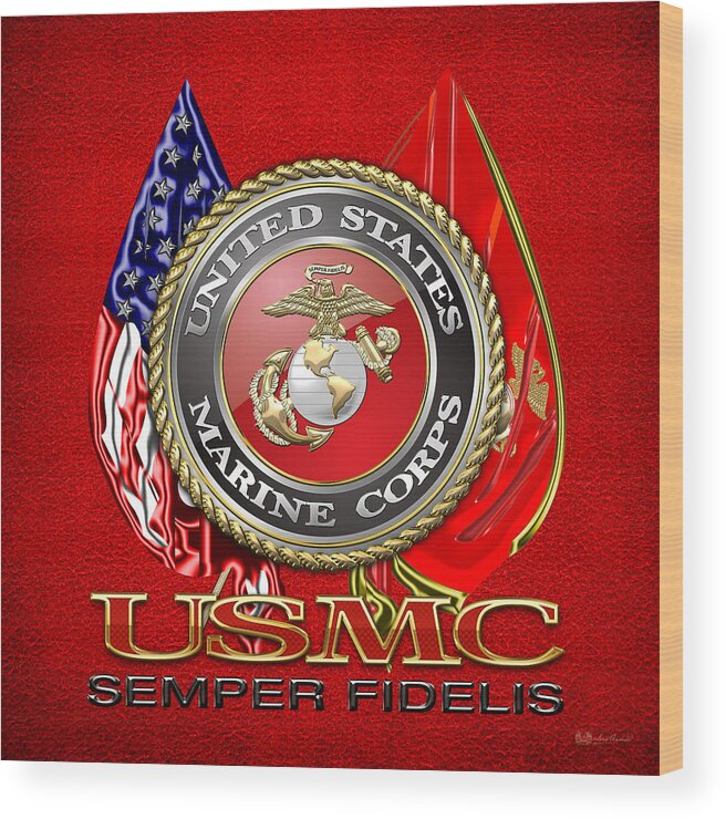 'military Insignia & Heraldry 3d' Collection By Serge Averbukh Wood Print featuring the digital art U. S. Marine Corps U S M C Emblem on Red by Serge Averbukh