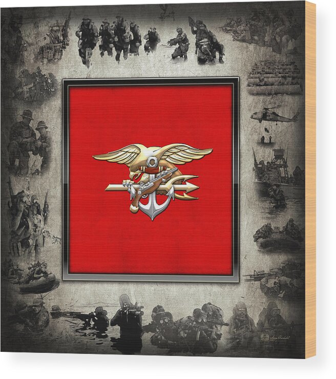 'military Insignia & Heraldry - Nswc' Collection By Serge Averbukh Wood Print featuring the digital art U. S. Navy S E A Ls Full Color Emblem over Navy SEALs Collage by Serge Averbukh