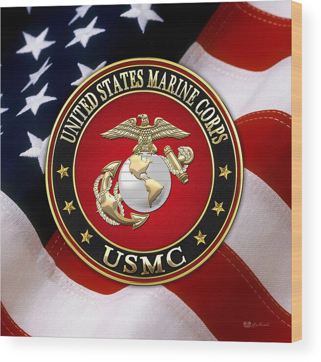 'usmc' Collection By Serge Averbukh Wood Print featuring the digital art U S M C Eagle Globe and Anchor - E G A over American Flag. by Serge Averbukh