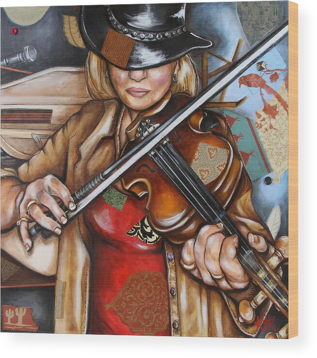 Fiddle Wood Print featuring the mixed media Vaquera de the Fiddle by Katia Von Kral