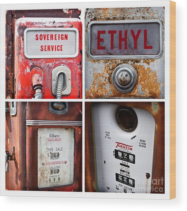 Collage Wood Print featuring the photograph Vintage Fuel Pumps Collage by Lawrence Burry