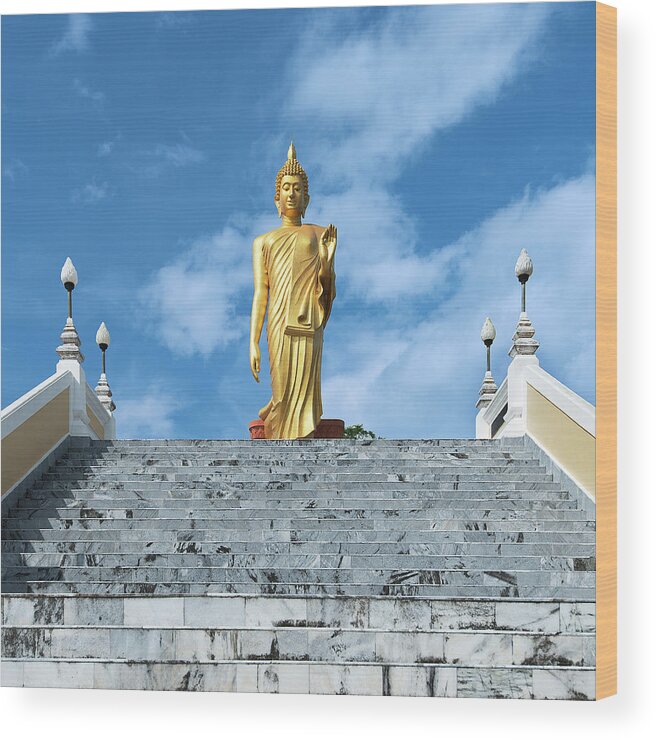 Tranquility Wood Print featuring the photograph Wat Phikulthong. Standing Buddha Atop by Andrew Tb Tan