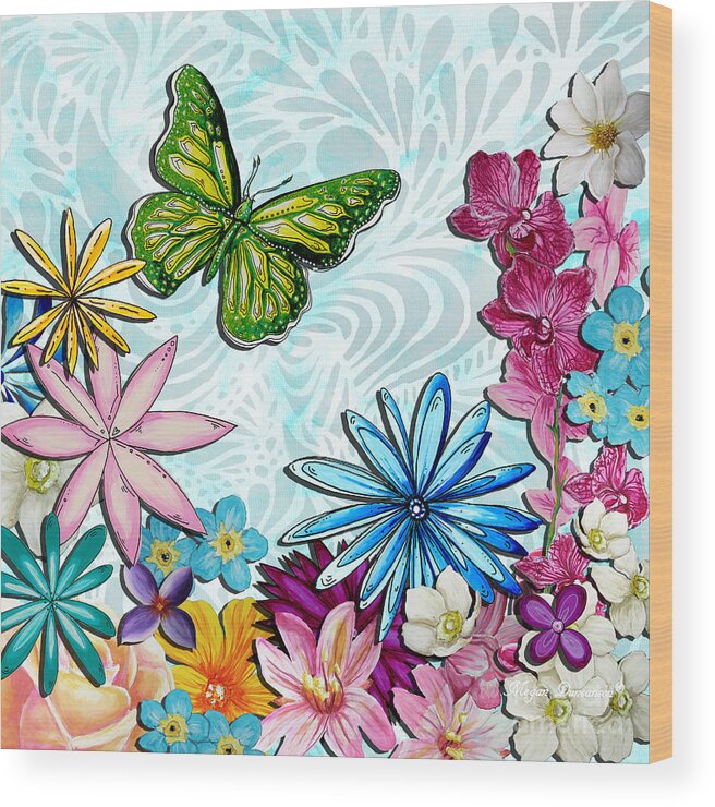 Flowers Wood Print featuring the painting Whimsical Floral Flowers butterfly Art Colorful Uplifting Painting by Megan Duncanson by Megan Aroon
