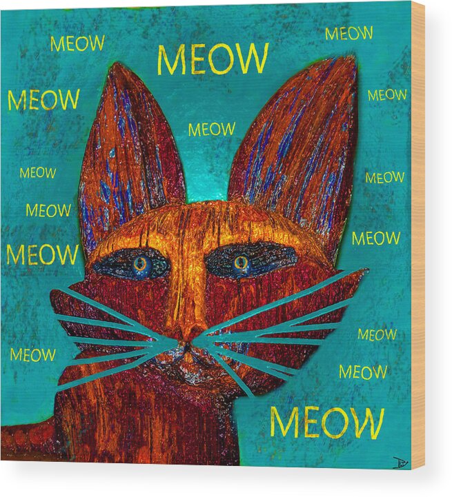 Cat Wood Print featuring the painting Whiskers meowing by David Lee Thompson