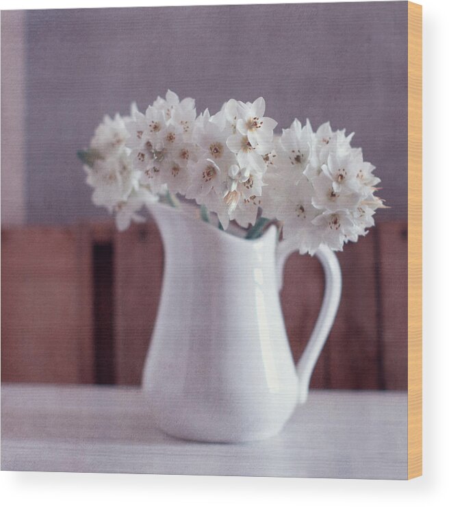 Fragility Wood Print featuring the photograph White Flowers In White Pitcher by Copyright Anna Nemoy(xaomena)