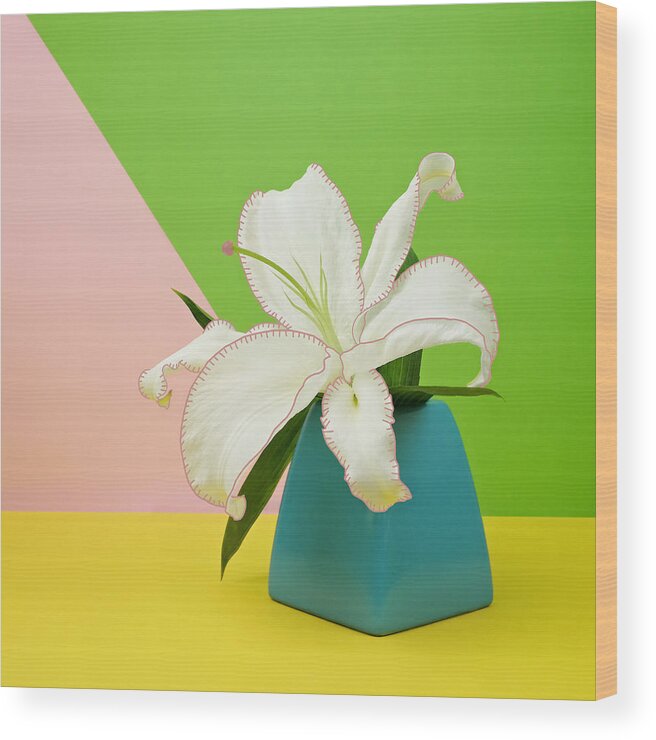 Vase Wood Print featuring the photograph White Lily Flower In Blue Vase by Juj Winn