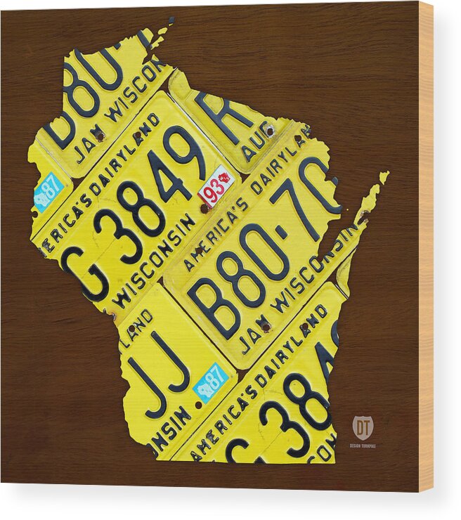 Wisconsin License Plate Map By Design Turnpike Madison Milwaukee License Plate Map Wood Print featuring the mixed media Wisconsin License Plate Map by Design Turnpike by Design Turnpike