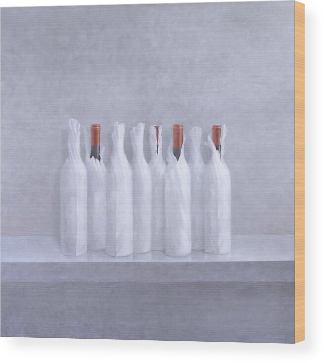 Bottle; Wrapping; Paper; Alcohol; Alcoholic; Beverage; Drink; Wine Wood Print featuring the painting Wrapped bottles on grey 2005 by Lincoln Seligman