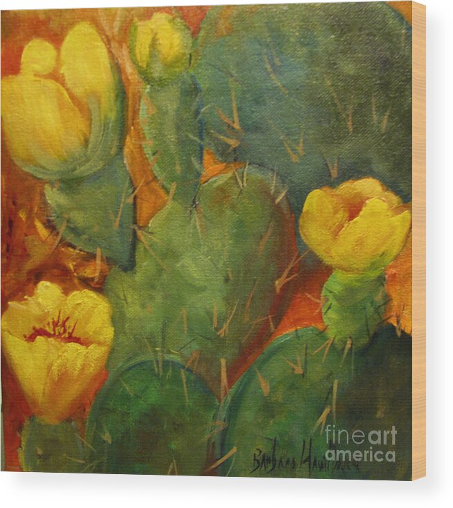 Yellow Cacti Wood Print featuring the painting Yellow Cacti by Barbara Haviland