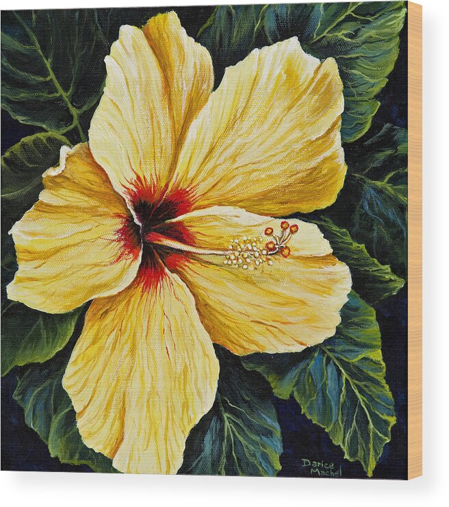 Flower Wood Print featuring the painting Yellow Hibiscus by Darice Machel McGuire