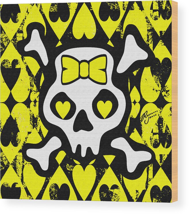 Yellow Wood Print featuring the digital art Yellow Love Heart Skull by Roseanne Jones