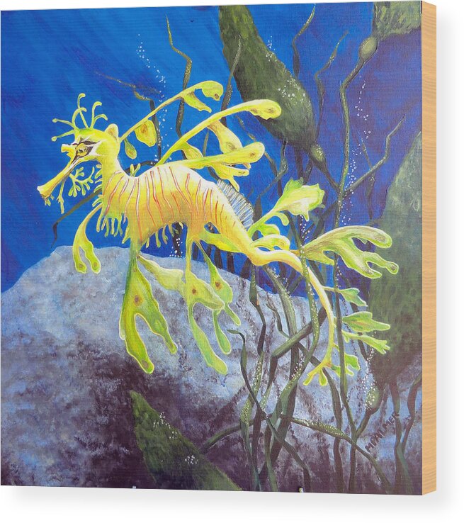 Seadragon Wood Print featuring the painting Yellow Seadragon by Mary Palmer