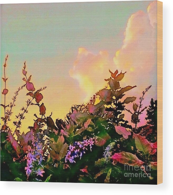 Sharkcrossing Wood Print featuring the painting S Yellow Sunrise with Flowers - Square by Lyn Voytershark