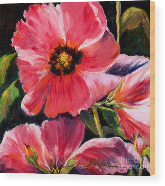 Beautiful Hot Pink Flowers Prints Wood Print featuring the painting Pink Hollyhocks #1 by Pati Pelz
