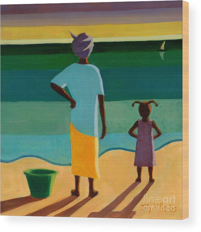 Mother; Daughter; Beach; Shore; Watching; Sailing Boat; Awaiting; Return; Family; African; Africa; Sea; Coastal; Coast; Wait; Bucket; Green; Boat; Woman; Female; Child; Girl; Dress; Colorful; Looking; Sand Wood Print featuring the painting Waiting by Tilly Willis by Tilly Willis