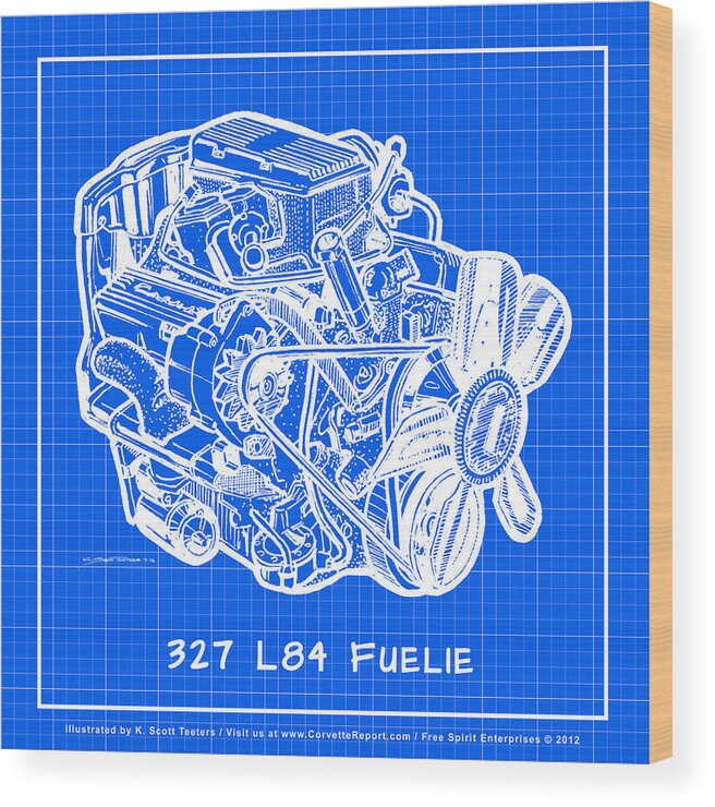 1963 Corvette Wood Print featuring the drawing 1963 - 1965 L84 327 Corvette Fuelie Engine Reverse Blueprint by K Scott Teeters