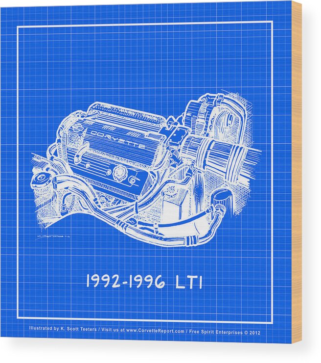 Corvette Wood Print featuring the drawing 1992-1996 LT1 Corvette Engine Reverse Blueprint by K Scott Teeters