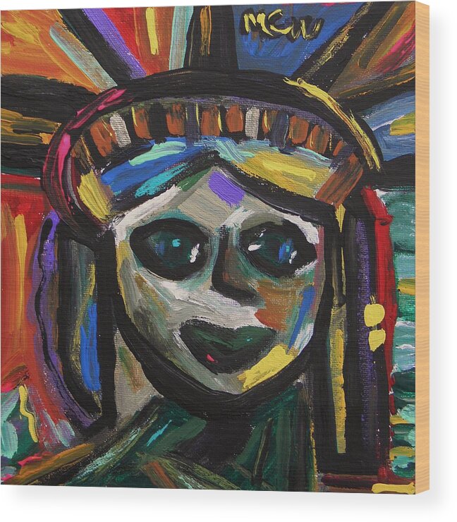 Statue Of Liberty Face Wood Print featuring the painting A Face of Freedom by Mary Carol Williams