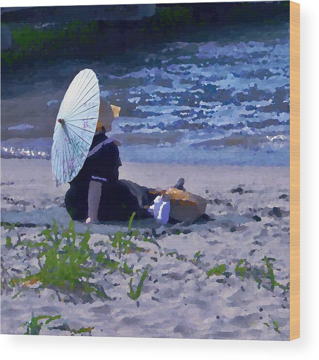 Bather Bay By Umbrella Swim Suit Beach Water San Francisco Fisherman's Warfe Sand Waves Painterly Photograph Photo Wood Print featuring the photograph Bather by the Bay - square cropping by David Coblitz