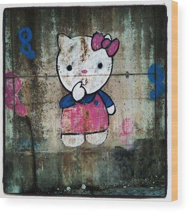 Summer Wood Print featuring the photograph #cat, #baby, #cartoon, #graffiti by George sneyeper Vlachos