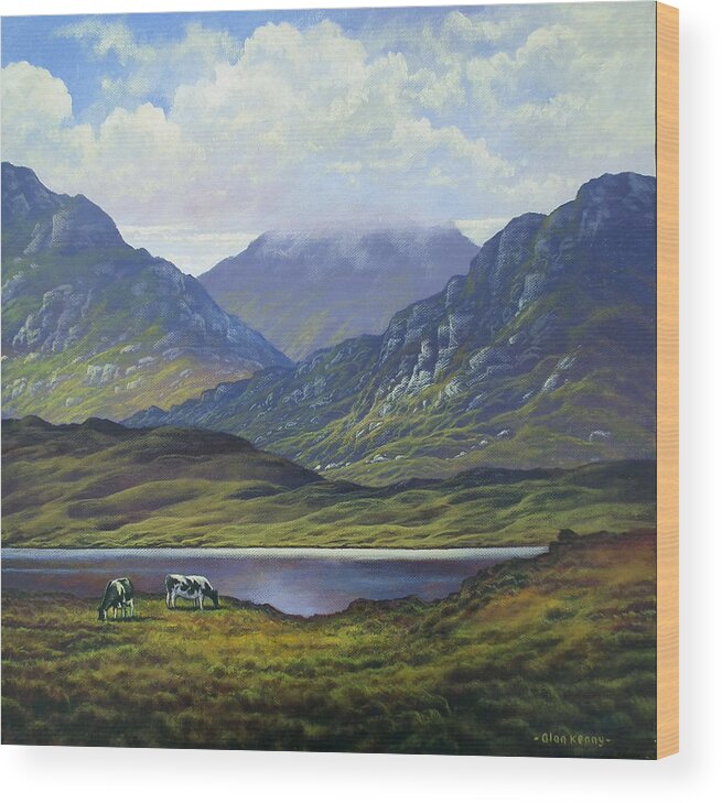 Cattle Wood Print featuring the painting Connemara landscape with cattle by lake by Alan Kenny