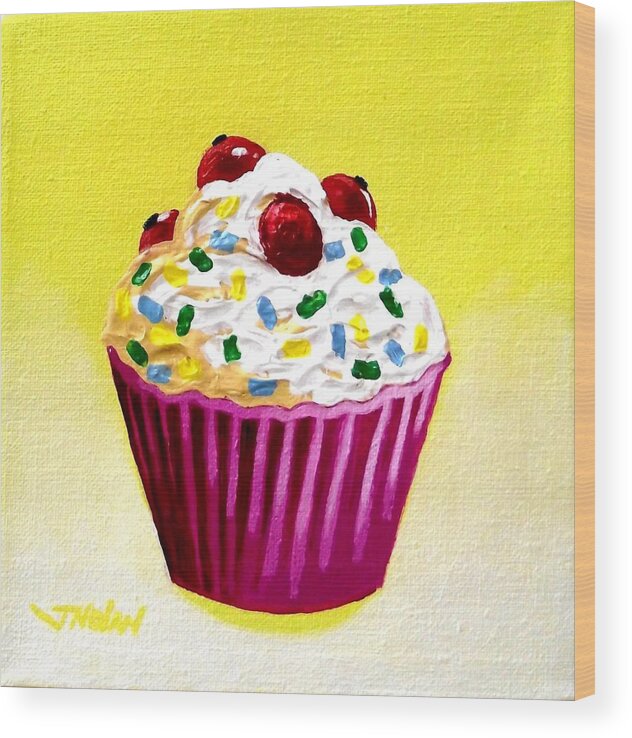Cupcake Wood Print featuring the painting Cupcake With Cherries by John Nolan