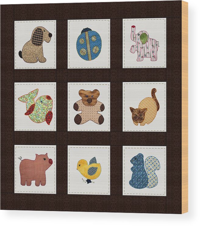 Cute Wood Print featuring the digital art Cute Nursery Animals Baby Quilt by Tracie Schiebel