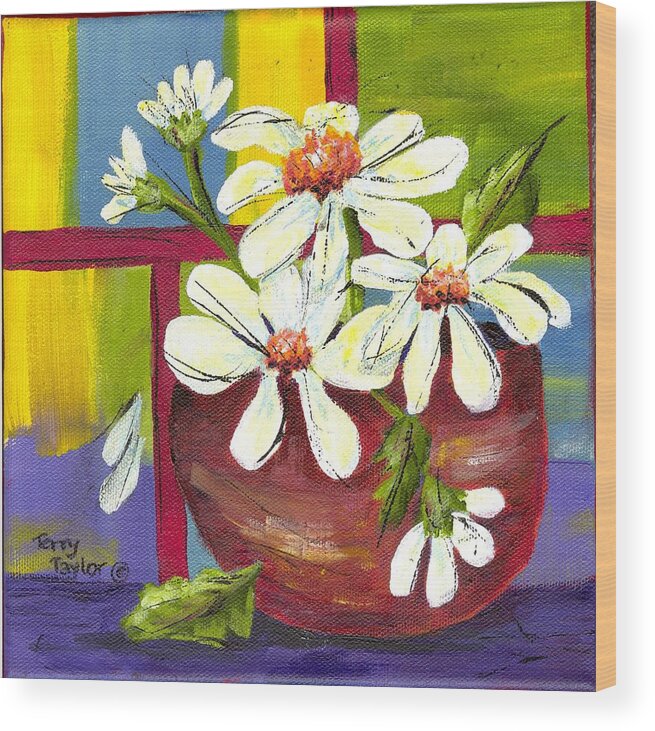Daisies Wood Print featuring the painting Daisies in a Red Bowl by Terry Taylor