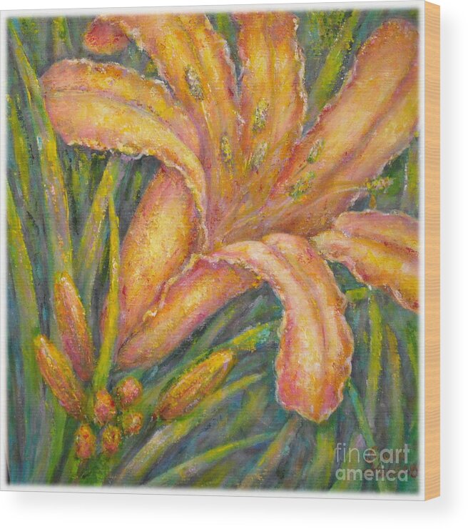 16 X 16 X 1.5 Colorful Acrylic Painting Of A Day Lily And Buds. Warm Oranges And Yellows With Pinks Wood Print featuring the painting Day Lily and More to Come by Sheri Hubbard