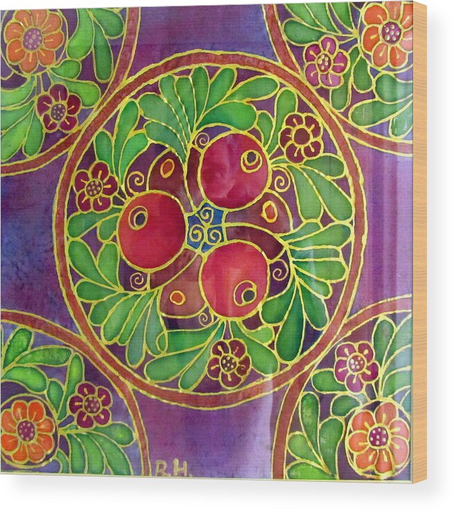 Festive Wood Print featuring the painting Festive Pomegranates in gold and vivid colors wall decor in red green purple branch leaves flowers by Rachel Hershkovitz