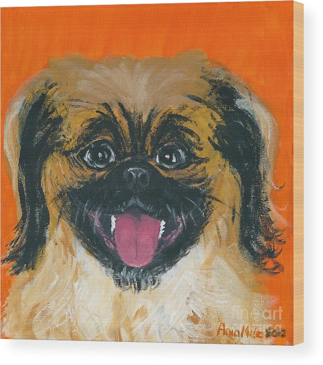 Happy Peke Wood Print featuring the painting Happy Face by Ania M Milo