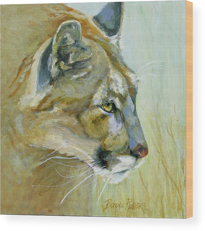 Cougar Wood Print featuring the painting Intense Cougar by Bonnie Rinier