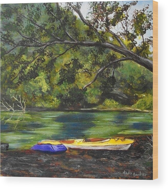 Nature Wood Print featuring the painting Kayaks on the Little Sandy by Tami Booher