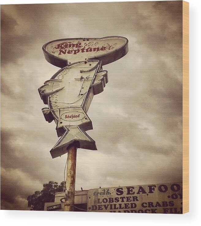 Clouds Wood Print featuring the photograph King Neptune Seafood Dallas, Pa #sign by John Robinson