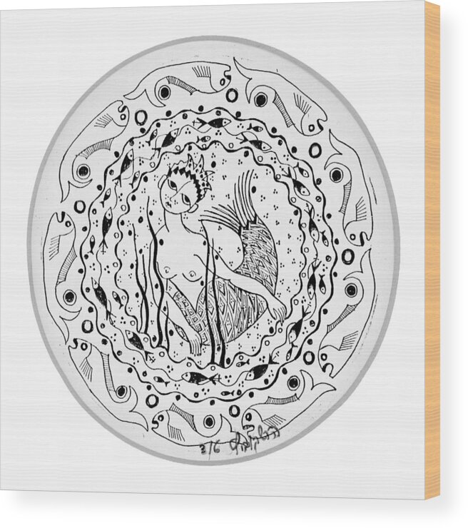 Mermaid Wood Print featuring the drawing Mermaid in black and white round circle with water fish tail face hands by Rachel Hershkovitz