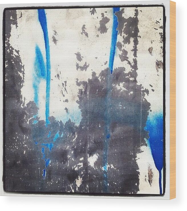 Industrial Wood Print featuring the photograph #metal #paint #blue #white #drip #drips by IKON Pennie