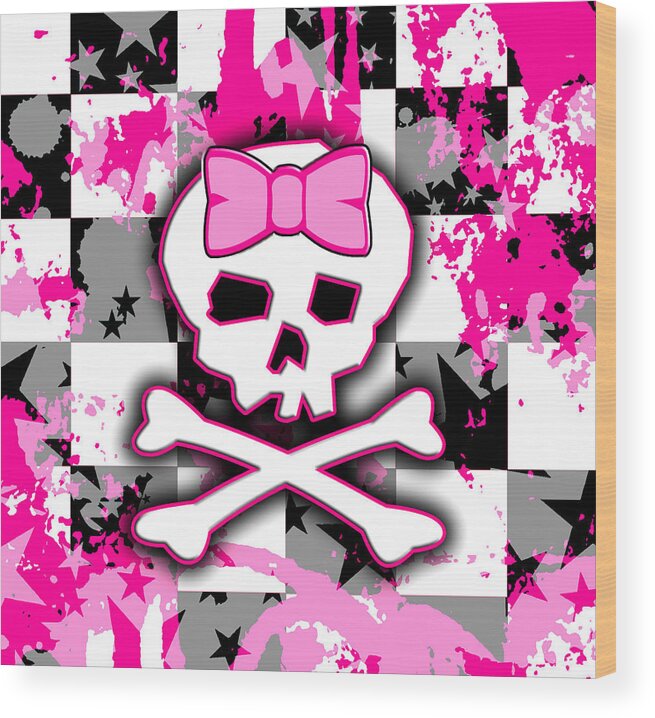 Pink Skull Wood Print featuring the digital art Pink Skull Scene Girl by Roseanne Jones