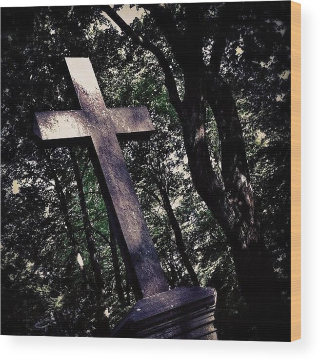 Gravestone Wood Print featuring the photograph #riga #eerie #cross #spooky #headstone by Silvestrs Usins