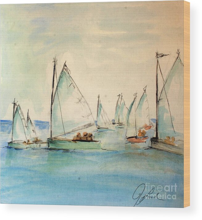 Paintings Wood Print featuring the painting Sailors in a runabout by Julie Lueders 