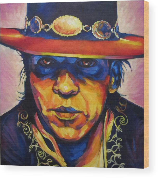 Stevie Ray Vaughan Blues Portrait Colorful Jazz Austin Wood Print featuring the painting Stevie Ray by Steve Hunter