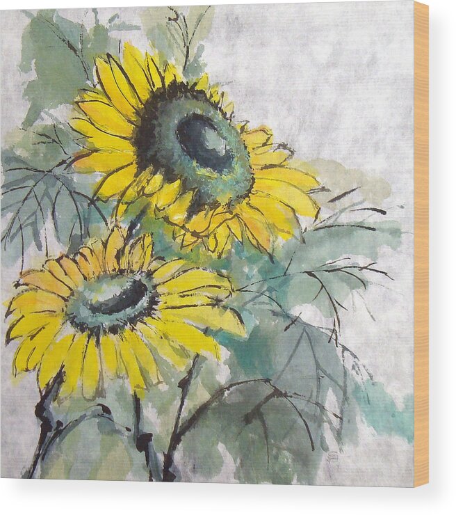 Gerbera Wood Print featuring the painting Sunflowers 1 by Chris Paschke